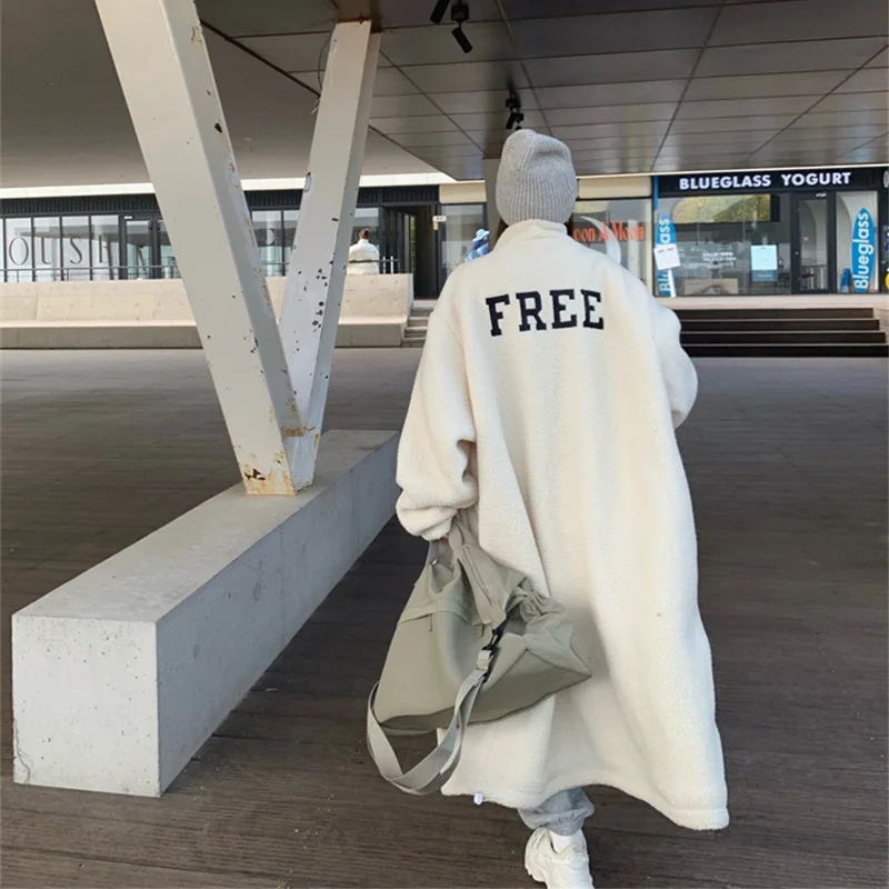 Long Lamb Wool Coat Women Winter 2022 Thick Warm Casual Oversized Fur Jacket Streetwear Zipper Letter Outwear Female Plush Coats