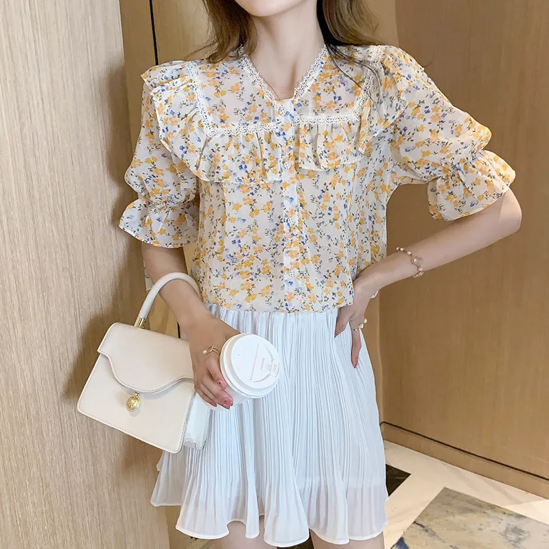 

Women Runway Shirts Fashion Elegant V-Neck Flower Print Short Sleeve Ruffles Blouse Shirt Ladies Workwear Office Tops