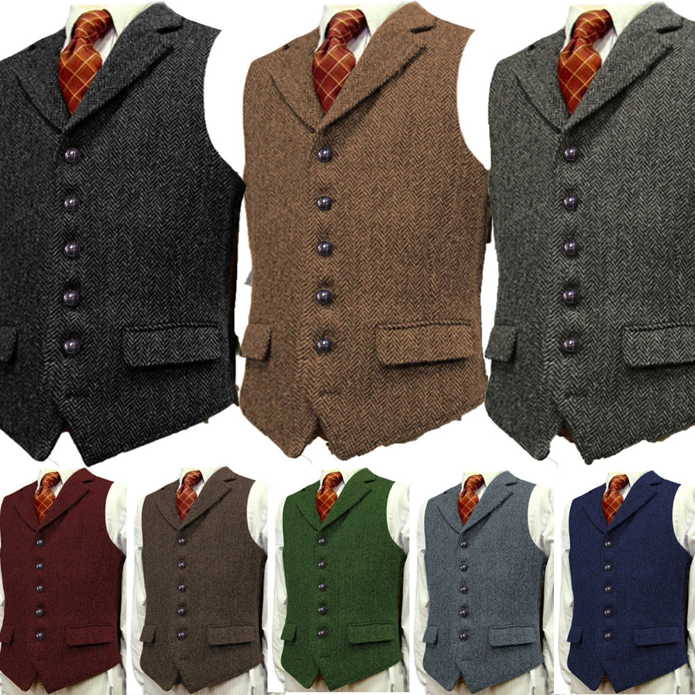 

Men's Wool Tweed Slim Fit Leisure Cotton Burgundy Vest Gentleman Herringbone Business Brown Waistcoat Blazer For Wedding Groom