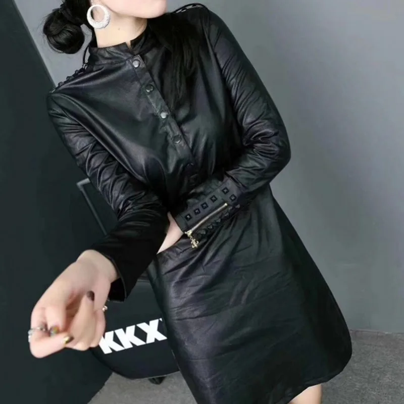 Punk Style Stand Collar Pu Leather Dress Women Winter Warm Long Sleeve Fleece Dresses Slim Fit Rivets Fashion Female Short Dress