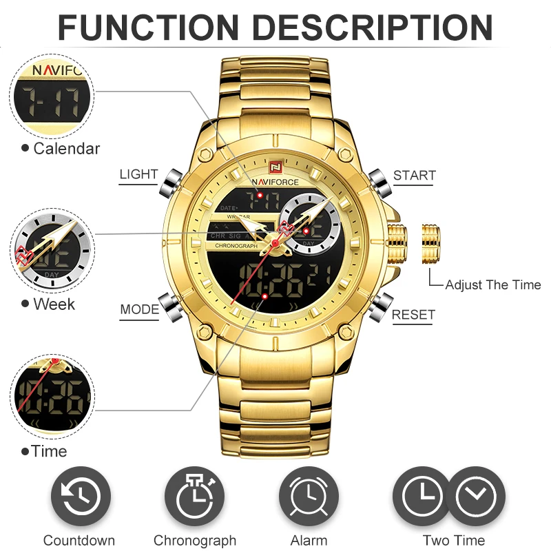 Relojes NAVIFORCE para hombre, marca de lujo, esfera grande, reloj dorado para hombre, reloj deportivo resistente al agua de acero inoxidable para