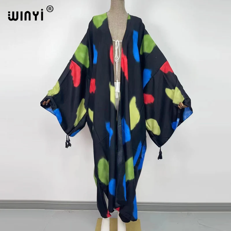 2021 WINYI new Cotton Bikini Sweet Lady Pink Boho Print Self Belted Front Open Long Kimono Dress Beach Tunic Women Wrap Dresses