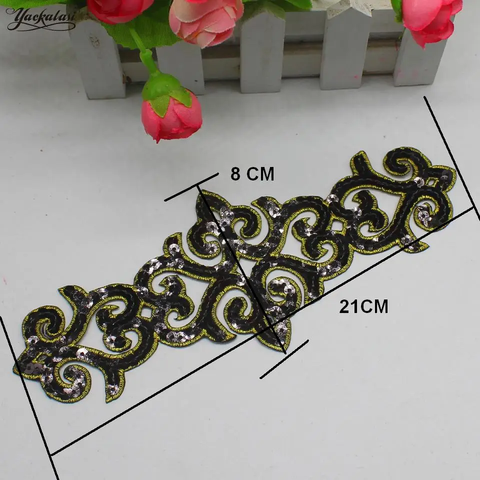 1 Piece Iron On Appliqued Sequin Embroidery Patches Cosplay Costumes Flower Vintage Diy Trims 21*8cm