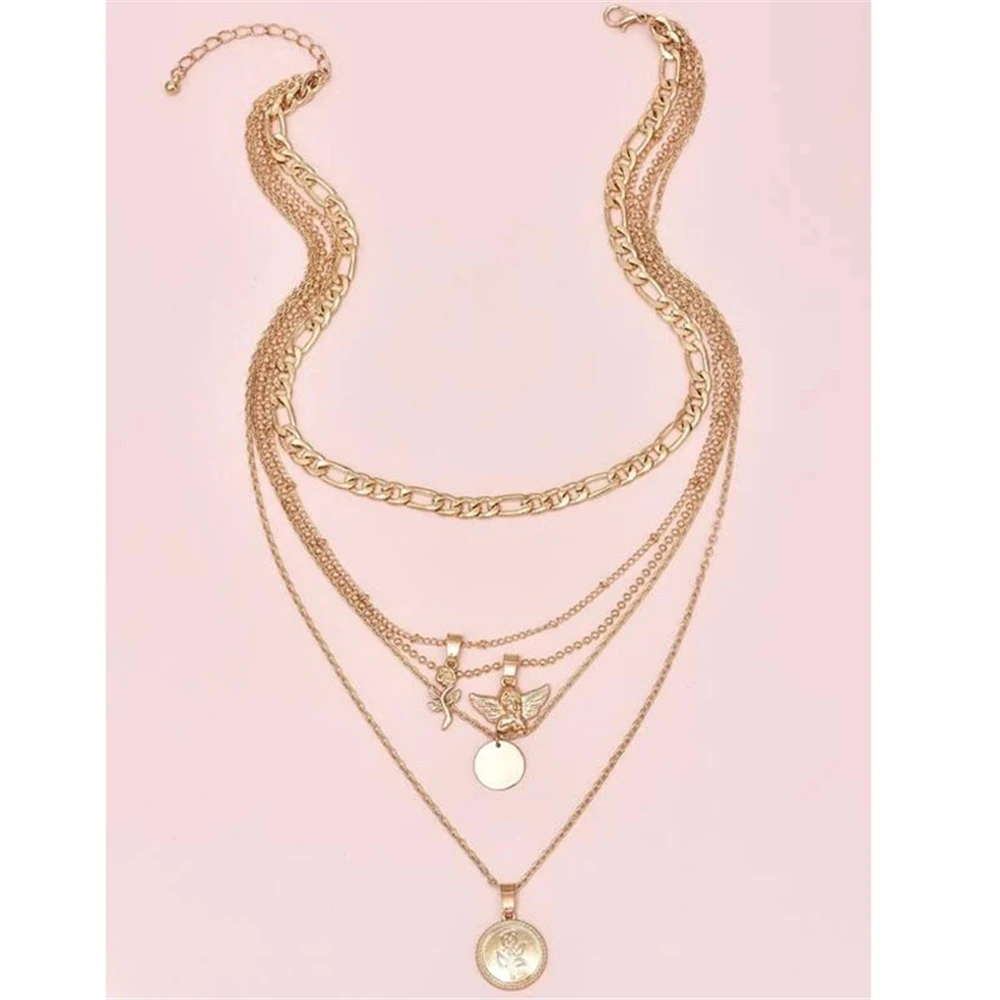 New Vintage Gold-plate Coin Rose Angel Disc Pendant Necklaces For Women Female Multilevel Chain Collar Jewelry Gift Wholesale