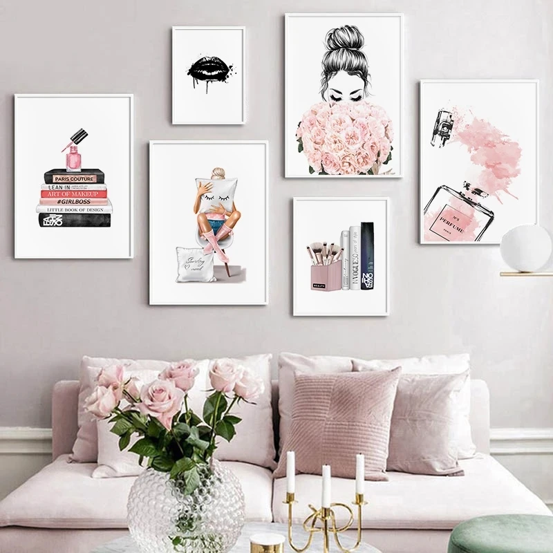 Nordic Pink Wall Art Canvas Painting Poster Perfume Books Lashes Black Lips Women Poster Print Picture Modern Salon Beauty Decor