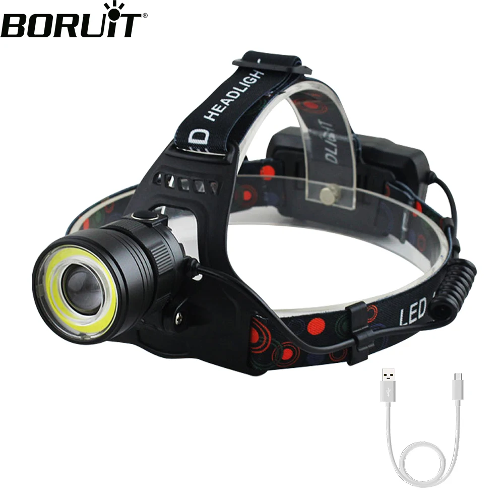 BORUiT V27 Powerful LED Headlamp 2000LM USB Rechargeable Portable Zoomable Headlight Waterproof Camping Fishing Head Torch