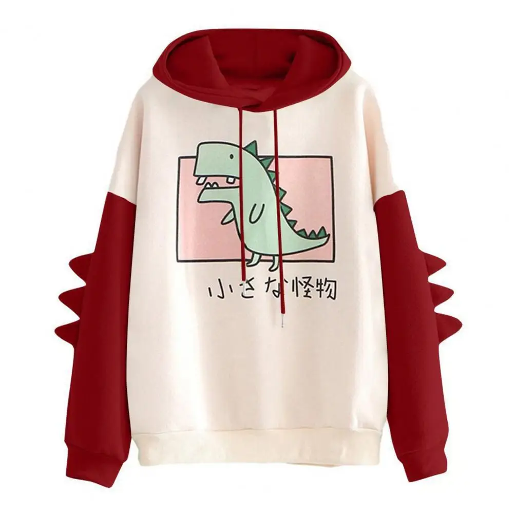 Women Hoodie Dinosaur Print Contrast Color Campus Loose-fitting Warm Sweatshirt for Daily Wear