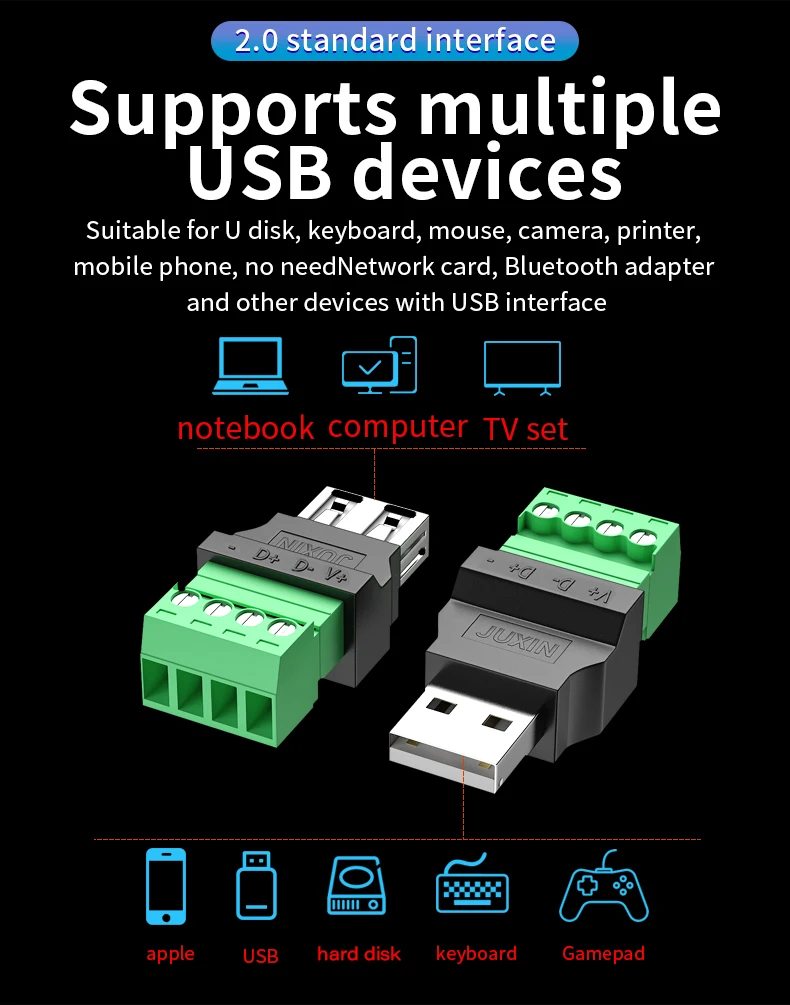 USB 2.0 Tipo A Macho para Fêmea para Conector de Parafuso 4Pin, USB Jack com Shield, Terminal Plug, USB-A Conector