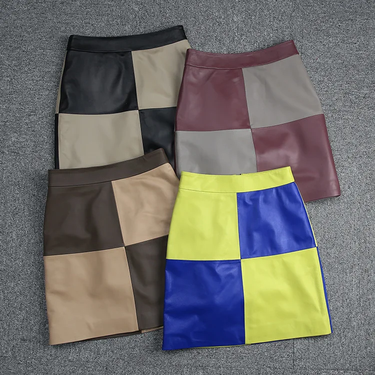 

Spring Designer Women's High Quality Sheepskin Genuine Leather High-rise Plaid Skirts F002