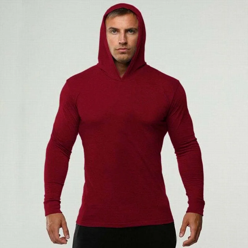 Brand Gym Clothing Solid Color Long Sleeve Hooded Slim Fit T Shirt Men Cotton Tee Shirt Bodybuilding Fitness Sportwear Tshirt