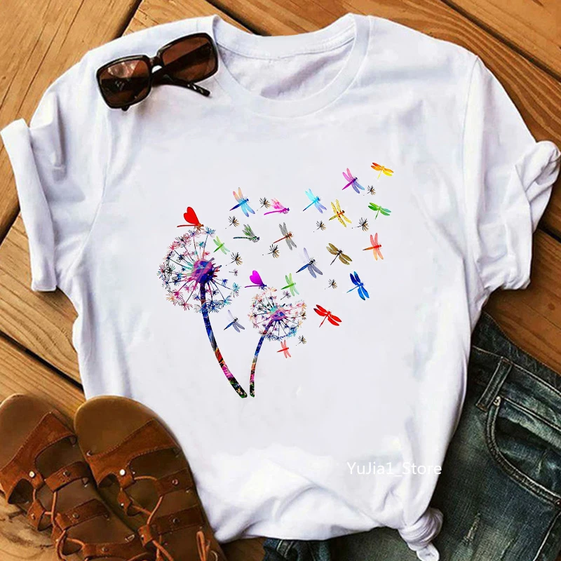 2024 Hot Sale Watercolor Dragonfly Dandelion Print T-Shirt Women'S Clothing White Short Sleeve Tshirt Femme Harajuku Shirt Tops