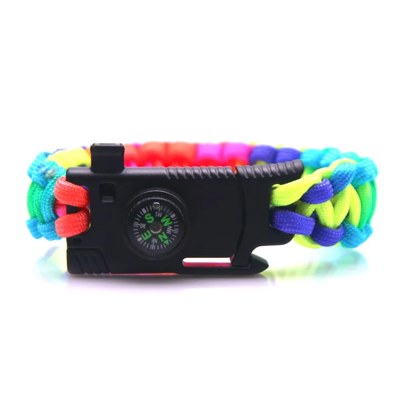 Multi-function Military Emergency Survival Paracord Rainbow Bracelet Outdoor Scraper Whistle buckle paracord tools