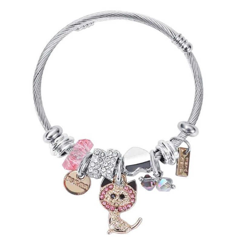 Fashion Cat Charm Bracelet  Lady Jewelry High Quality Open Size Stainless Steel Bracelet