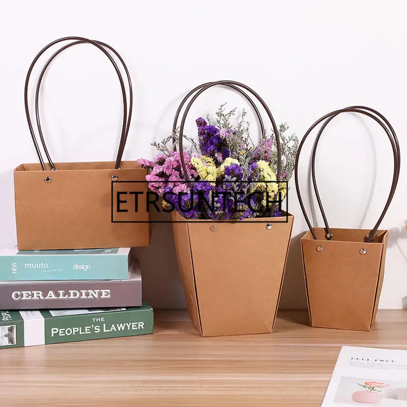 

100Pcs Kraft Paper Flower Gift Bag Waterproof With Handle Plant Package Bags Plant Decoration Irregularity Paper Bag