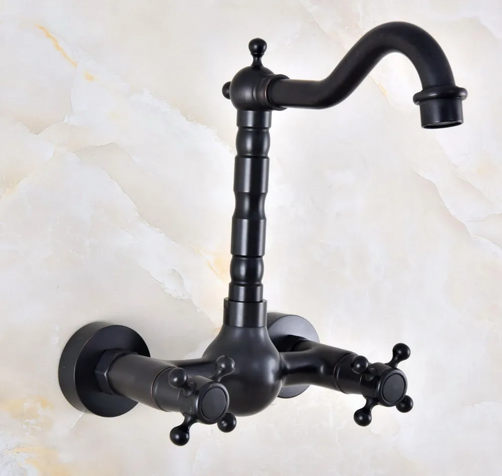 Black Oil Rubbed Bronze Wall Mounted Bathroom Kitchen Sink Faucet Swivel Spout Mixer Tap Dual Cross Handles anf848