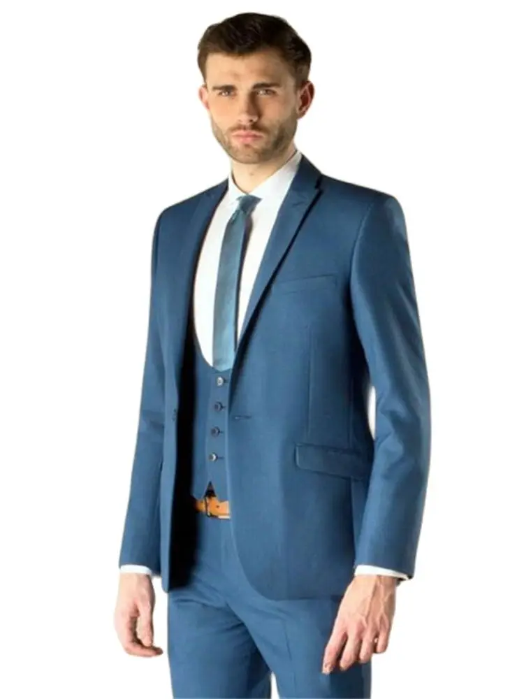 

Custom Made Blue Handsome Groom Prom Blazer Trousers 3 Pcs (Jacket+Pants+Vest+Tie)Latest Design Wedding Suits Dinner Party Wears