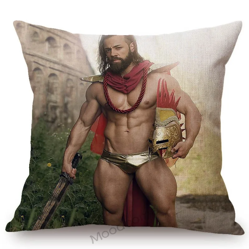 Muscle Gym Bodybuilder Ancient Rome Solider Warrior Gladiator Handsome Sexy Man Male Sofa Pillow Cover Linen Gay Cushion Cover