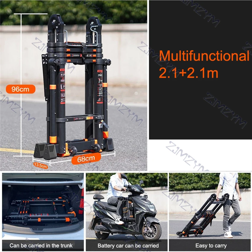 2.1+2.1m Multifunctional Folding Ladder Thickened Aluminum Alloy Ladder Herringbone/Straight Dual-use Portable Telescopic Ladder