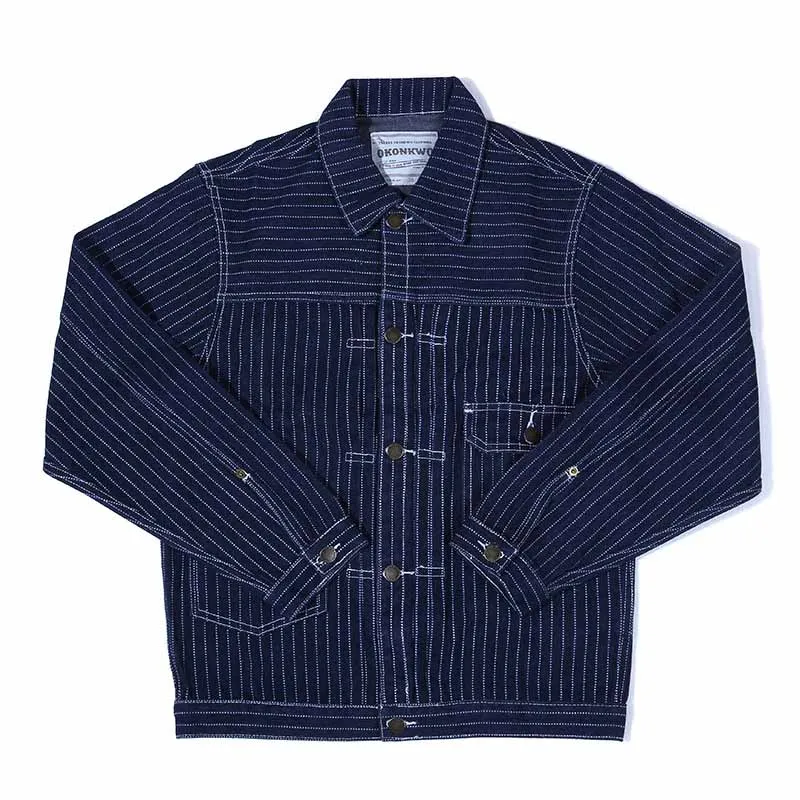 

Mcikkny Men Cargo Stripe Denim Jackets Multi Pockets Railway Casual Outwear Coats For Male Size S-XL