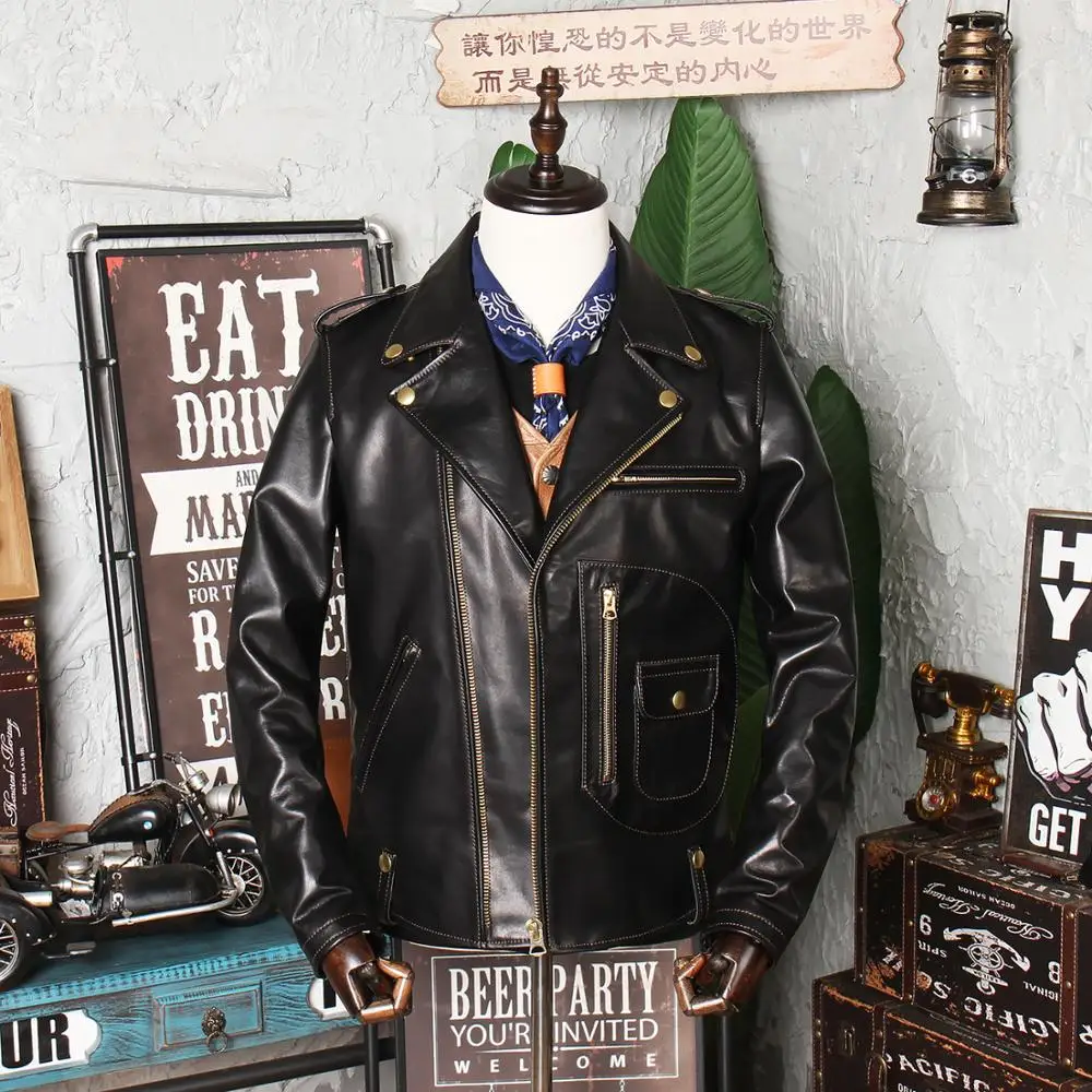 shipping.Brand Oil Free wax horsehide coat,quality genuine leather motor biker Jacket,fashion leather clothing.wholesales.