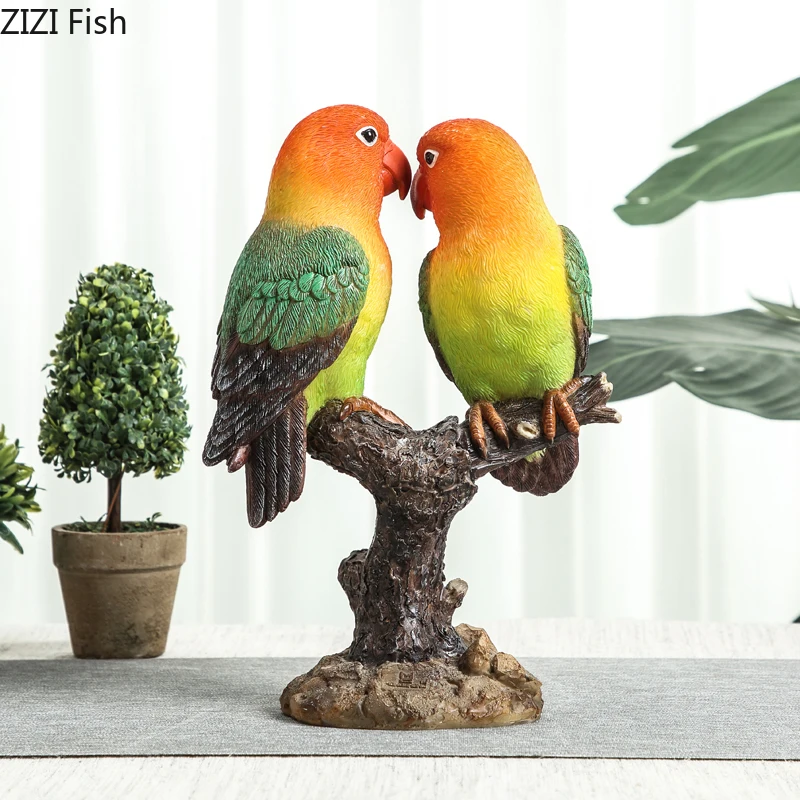 Creative Love Bird Couples Simulation Animal Sculpture Bird Statue Color Parrot Home Craft Decoration Animal Figures Accessories