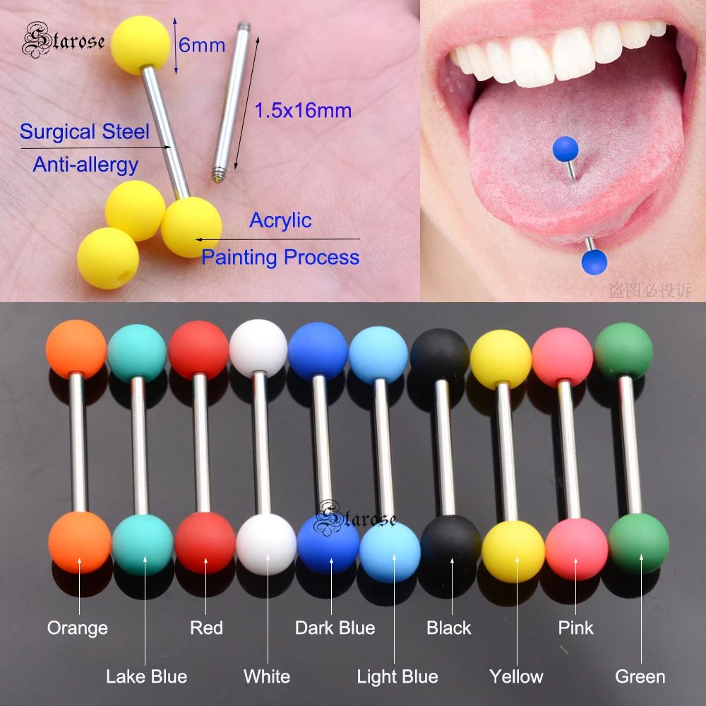 Starose 2pcs DIY Qualified Rubber Painting Tongue Piercing Balls Acrylic Tongue Rings Stainless Steel Barbell Sex Nipple Jewelry