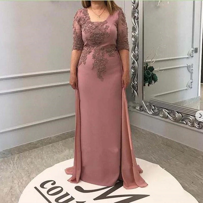 Mother of the Bride Groom Dress with Overskirt Chiffon Square Neck Half Sleeve Evening Party Wedding Guest Formal Prom Gown