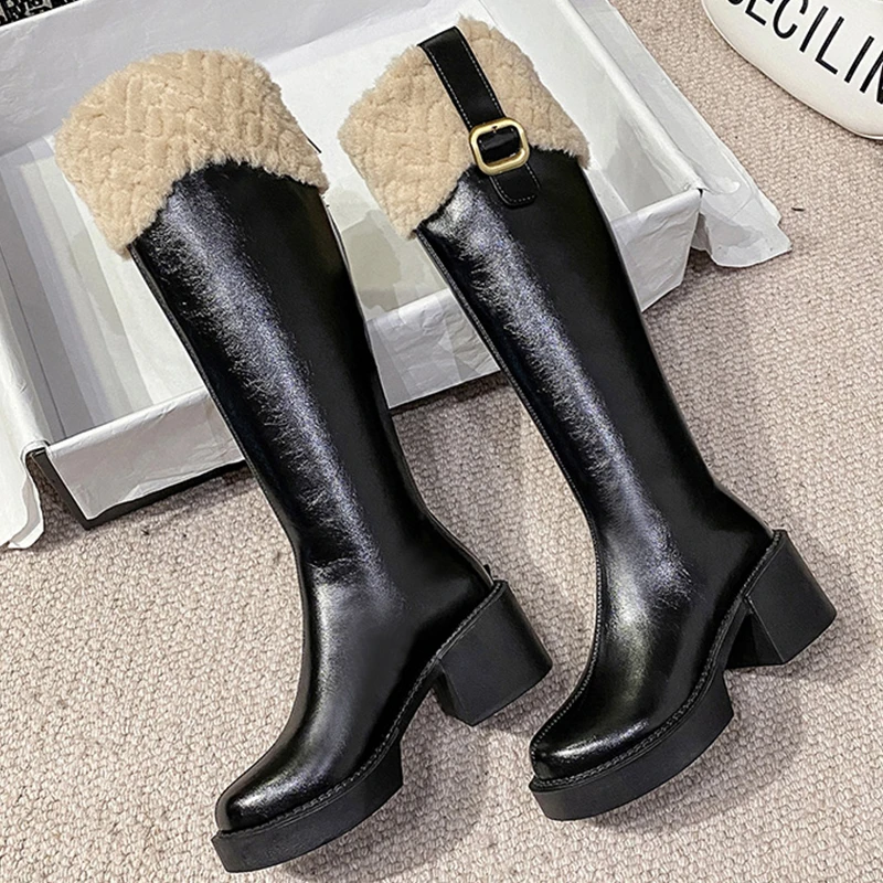 Women Knee High Chelsea Boots Winter Warm New Furry Casual Shoes Female High Heels Zippers Shoes Ladies 2023 Western Long Boots