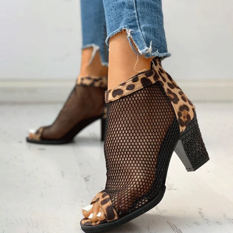 Women Boots Mesh Suede Ankle Boots Lace  Summer Boots Zapatos Chaussures Femme Zipper Square High Heel Leopard Women Shoes