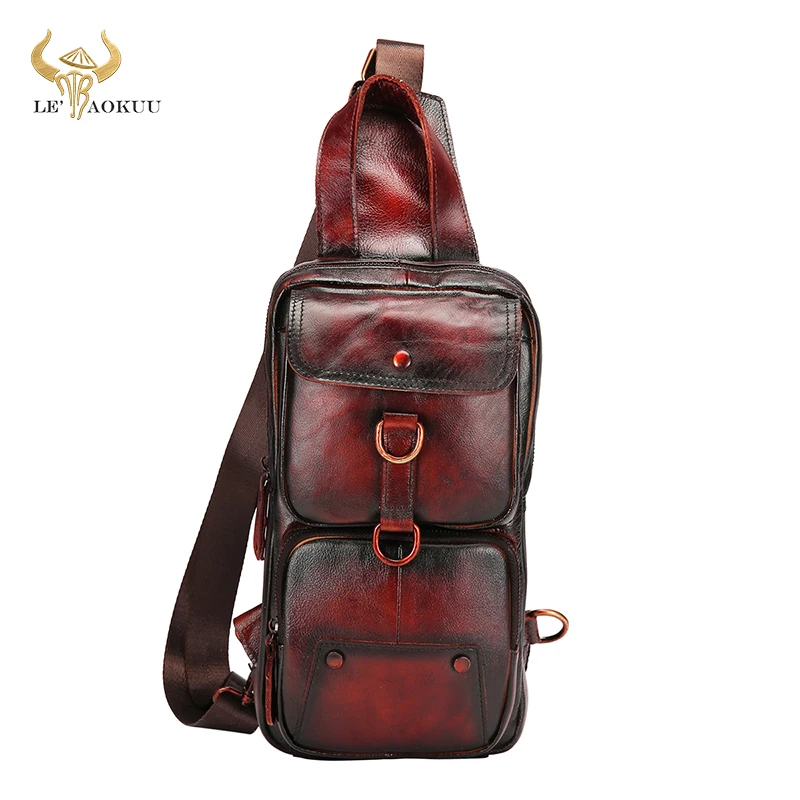 

2022 New Fashion Soft Genuine Leather Retro Sling Chest Bag 8" Tablet Design One Shoulder Strap Cross-body Bag For Men Male 8021