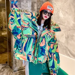 Graffiti Print Fashion Down Jacket Women Hooded Short Parka Thick Warm Winter Jacket Streetwear Loose Hip hop Cotton Coat Female