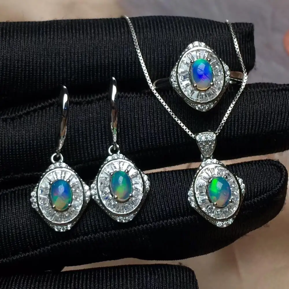 Natural Opal Set 925 Sterling Silver Beautiful Fire Change  Exquisite Ring Necklace with earring