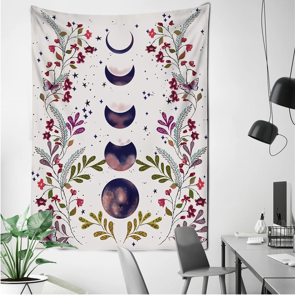 Purple Moon Phase Flower Tapestry Wall Hanging Psychedelic Art Minimalist Bohemian Aesthetics Room Decor