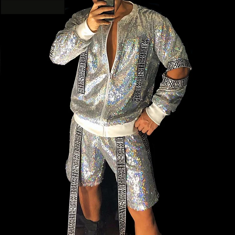 Shiny Silver Men\'S Set Sequins Jacket Pants Rave Outfits Men Nightclub Dj Tide Hip Hop Jazz Stage Performance Clothes XS2313