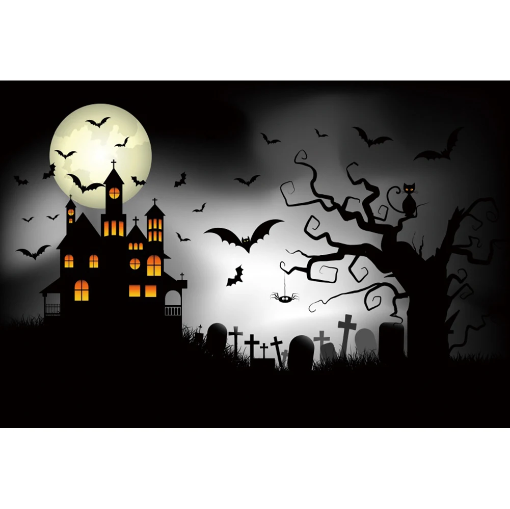 Laeacco Halloween Festival Party Decor Horrible Black Castle Dark Night Bat Forest Background Banner Photography Photo Backdrop