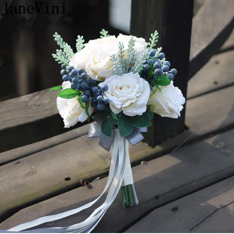 

JaneVini Vintage European White Flowers Wedding Bouquet for Bridesmaid Brides Holding Flowers Green Silk Roses Trouwboeket Bruid