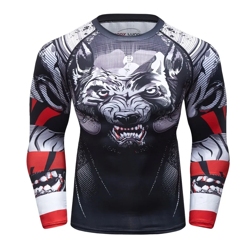 

BJJ MMA Compression Rashguard T shirt Men Exercise Evil wolf 3D Print Work Out Fitness Tights Bodybuild Cross fit Rash Guard