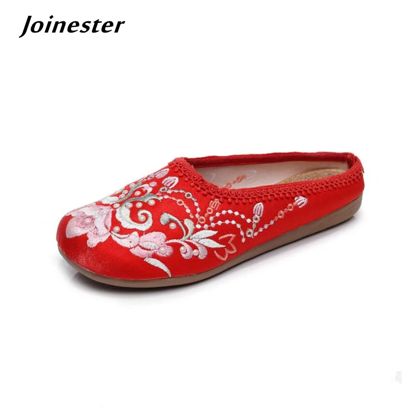 Ethnic Embroider Slippers Women Summer Slides Flat Heeled Sandals for Ladies Lace Pearl Casual Dress Shoes Female Retro Slipper