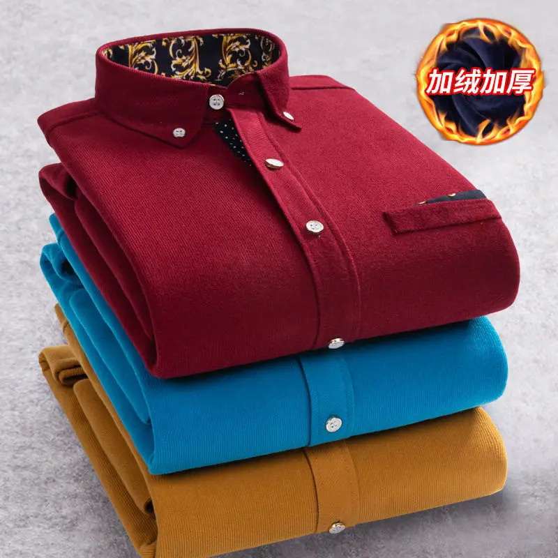 

Fall/winter men's corduroy shirt plus velvet thickening Slim solid color jacket warm casual plus size men's corduroy shirt