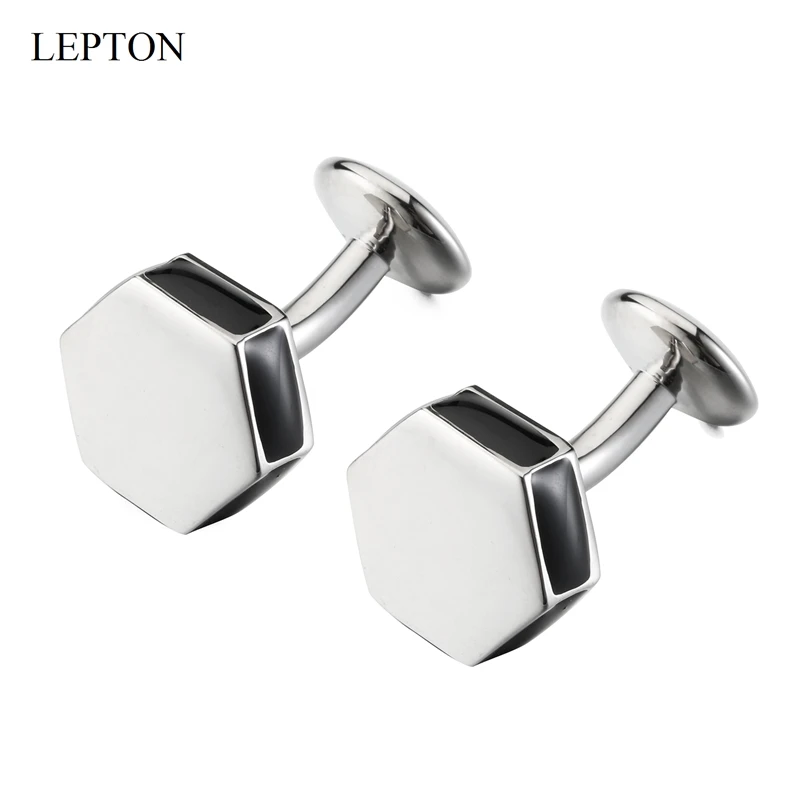 Lepton Black Enamel Cufflinks Hexagonal Metal Cufflink Gift for Men Fathers Day Lover Friends Wedding Anniversaries Birthdays