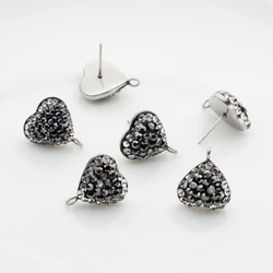 Stainless Steel Black Soft Ceramic Heart-shaped Inlaid Crystal Earrings Connector Charms 6pcs/lot For DIY Earrings Making Craft