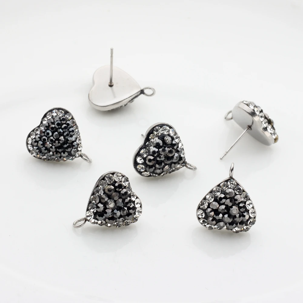 Stal nierdzewna czarny miękkie ceramiczne w kształcie serca inkrustowane kolczyki kryształowe złącze Charms 6 sztuk/partia dla DIY kolczyki Making Craft