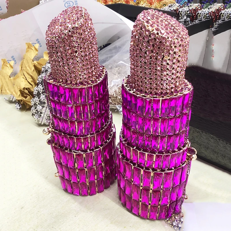 

New Arrival Lipstick Crystal Clutches Evening Wedding Purses Luxury WHTUOHENG Women’s Diamond Shoulder Chain Handbags Minaudier