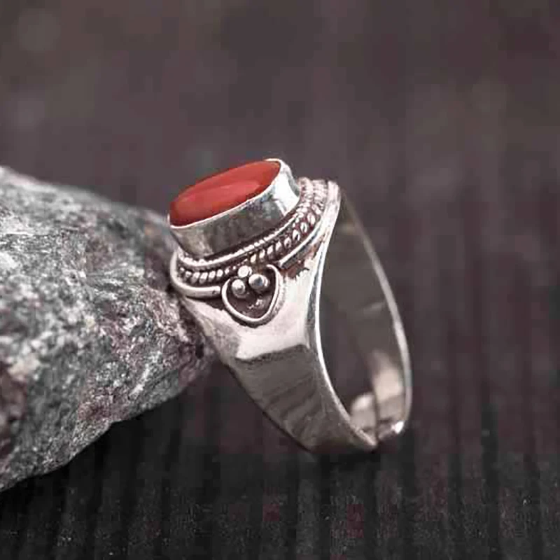 Bague en argent incrusté de tourmaline rouge du sud pour dames, bijoux ajustables, design unique, rétro, style ethnique, reconditionné à la main