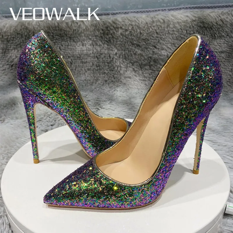 Veowalk Dark Green Women Glitter Wedding Party High Heels Shoes Elegant Ladies Pointed Toe Stilettos Pumps Plus Size 33-45