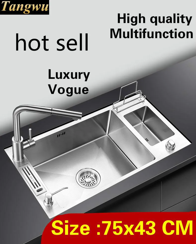 

Free shipping Apartment luxury kitchen manual sink single trough vogue wash vegetables 304 stainless steel hot sell 75x43 CM