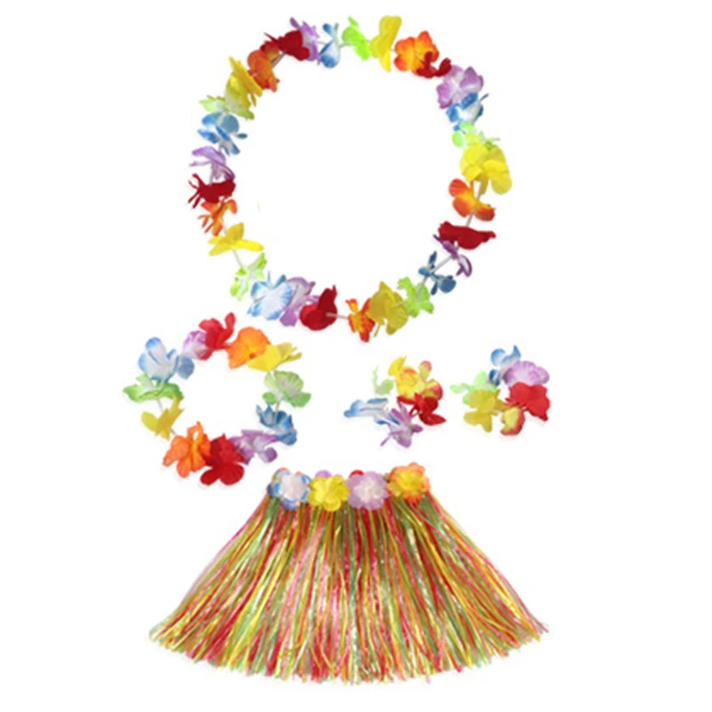 Kids Girls Hawaiian Luau Grass Hula Hawaiian Style Suit Flower Skirt Garland Hula Skirt Dance Party Costume Set Woman Dress Up