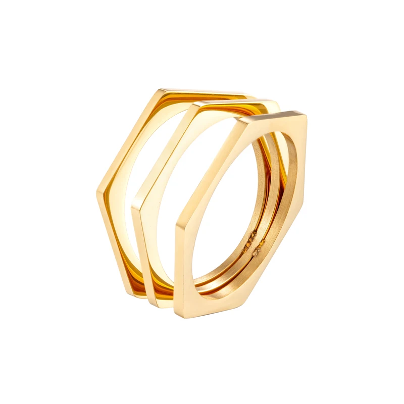 Classic Design Spread Out Three-Layer Hexagon Ring Stainless Steel Gold Color Jewelry For Women Party Punk Ring