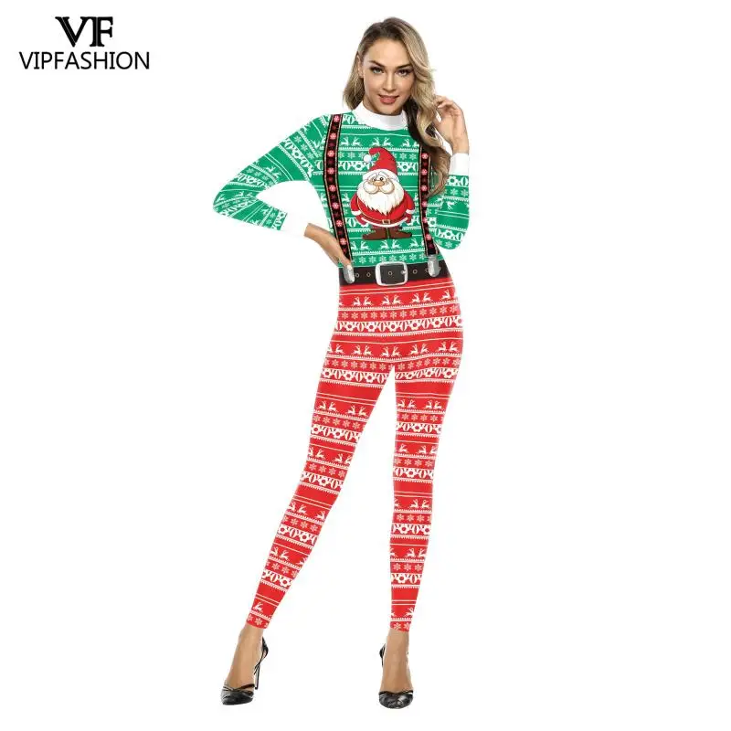 VIP FASHION-traje de fiesta de Navidad para mujer, traje Sexy con estampado de alce y lazo de Papá Noel, Cosplay, Catsuit