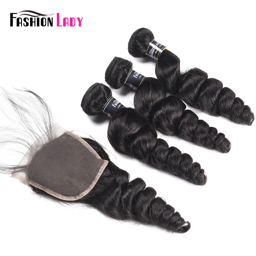 Fashion Wanita-Berwarna Peru Bundel dengan Penutupan 100% Rambut Manusia Jet Hitam Gelombang Longgar Paket 3 Buah dengan penutupan Tidak Remy